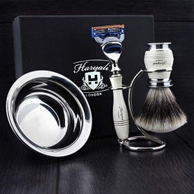 Haryali London Kit de rasage pour homme avec rasoir 5 pans, blaireau avec pointe argentée et support de rasage