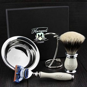 Haryali London Kit de rasage pour homme avec rasoir 5 pans, blaireau avec pointe argentée et support de rasage