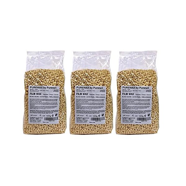 Perles de cire à épiler pelable BLANC NACRE, épilation sans bande - 3 sachets de 1000gr, soit 3 KG, PUREWAX By Purenail, TOP 