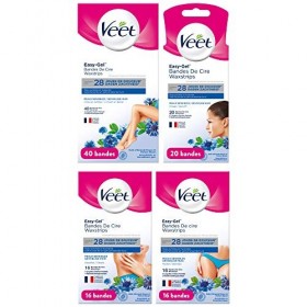 Veet – Lot de 4 Bandes de Cire Froide - Peaux Sensibles - Jambes x40 + Visage x20 + Maillot x16 + Aiselles x16