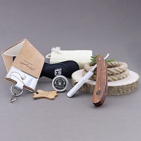 Kit de rasage vintage de 6 pièces pour hommes Blaireau à poiles synthétiques, rasoir coupe-gorge, cuir à double XXL véritable