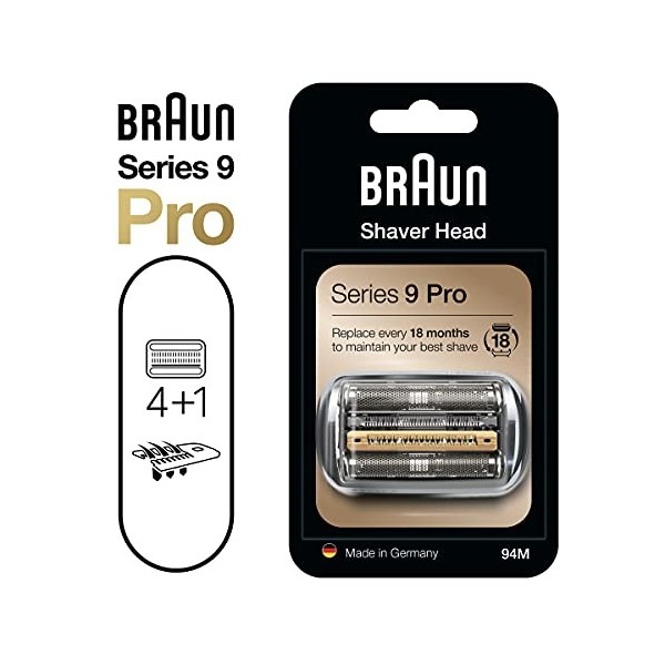 Braun Tête de rasoir électrique pièce de rechange 94M argent, compatible avec les rasoirs électriques série 9 Pro et série 9 