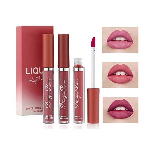 3 Couleurs Set Rouge à Lèvres Liquide Mat, nude ensemble velouté longue durée antiadhésif tasse,Longue Tenue Waterproof Lipst