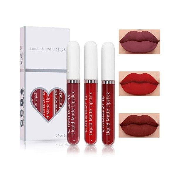 3 Couleurs Set Rouge à Lèvres Liquide Mat, nude ensemble velouté longue durée antiadhésif tasse,Longue Tenue Waterproof Lipst