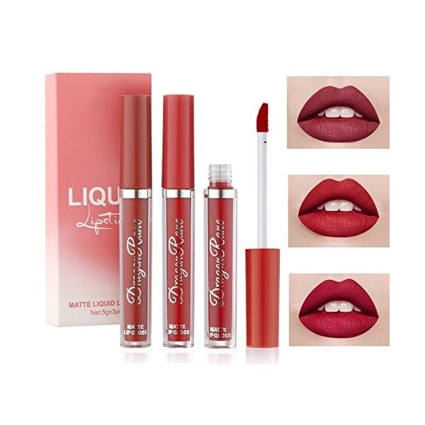 3 Couleurs Set Rouge à Lèvres Liquide Mat, nude ensemble velouté longue durée antiadhésif tasse,Longue Tenue Waterproof Lipst