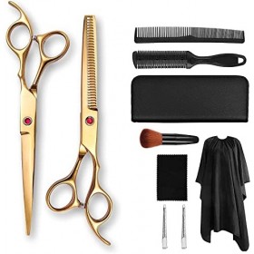 Kit de ciseaux de coupe de cheveux 7,0 pouces Ciseaux à dents à coupe plate Ciseaux de coiffure dorés Galvanoplastie Ciseaux 