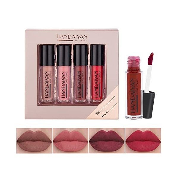 Zhiaek 4 Couleur Lot Rouge a Levre Mat Longue Tenue Set Rouge à Lèvres Liquide Lipstick Matte Brillant à Lèvres Permanent et 