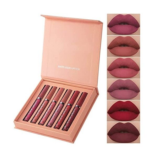 6 Couleurs Set Rouge à Lèvres Liquide Mat, mat rouge à lèvres nude ensemble velouté longue durée antiadhésif tasse, cadeau de