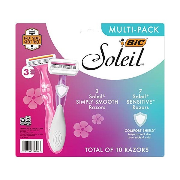 BIC Soleil Simply Smooth Lot de 10 rasoirs jetables pour femme 3 lames avec bande dhumidité pour un rasage lisse et soyeux