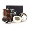 Haryali London Kit de rasage en bois pour homme Double bord Rasoir de sécurité Blaireau synthétique Brosse à cheveux, support