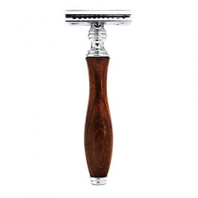 Haryali London Kit de rasage en bois pour homme Double bord Rasoir de sécurité Blaireau synthétique Brosse à cheveux, support