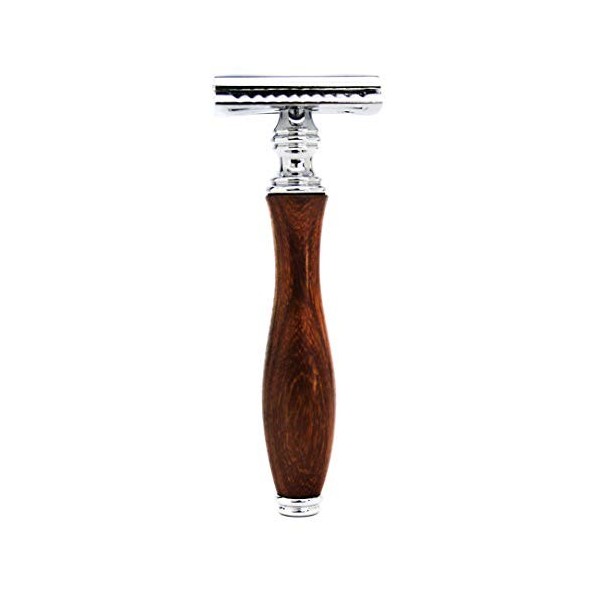 Haryali London Kit de rasage en bois pour homme Double bord Rasoir de sécurité Blaireau synthétique Brosse à cheveux, support