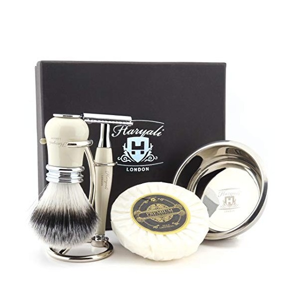 Kit de rasage pour hommes Haryali London avec rasoir de sécurité à double tranchant, brosse à raser, support de rasage, savon