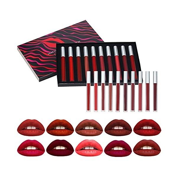 Pretfy 10 Couleurs Set Rouge à Lèvres Liquide Mat, Longue Tenue Waterproof Liquid Lipstick Matte pour Maquillage Quotidien et