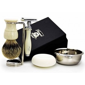 Kit de rasage pour homme de couleur ivoire de 5 pièces avec brosse à cheveux blaireau à pointe argentée, rasoir de sécurité, 