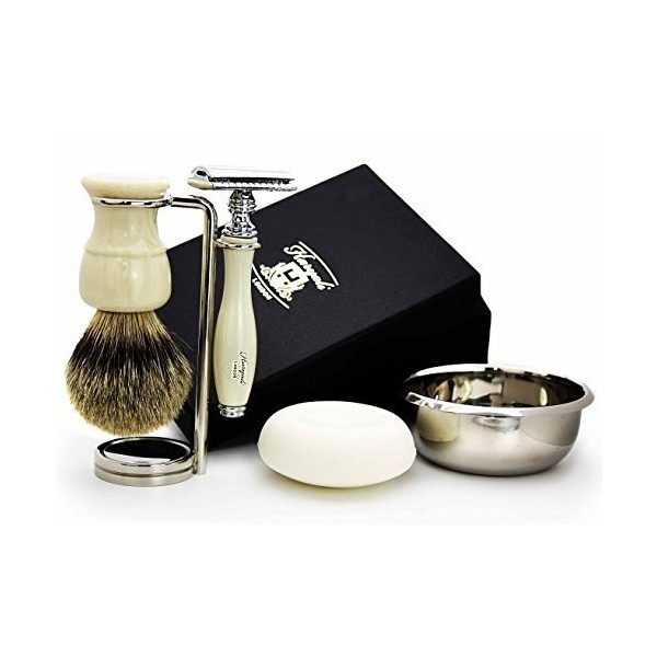 Kit de rasage pour homme de couleur ivoire de 5 pièces avec brosse à cheveux blaireau à pointe argentée, rasoir de sécurité, 