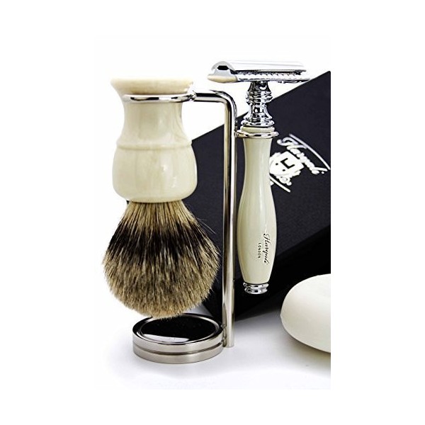 Kit de rasage pour homme de couleur ivoire de 5 pièces avec brosse à cheveux blaireau à pointe argentée, rasoir de sécurité, 