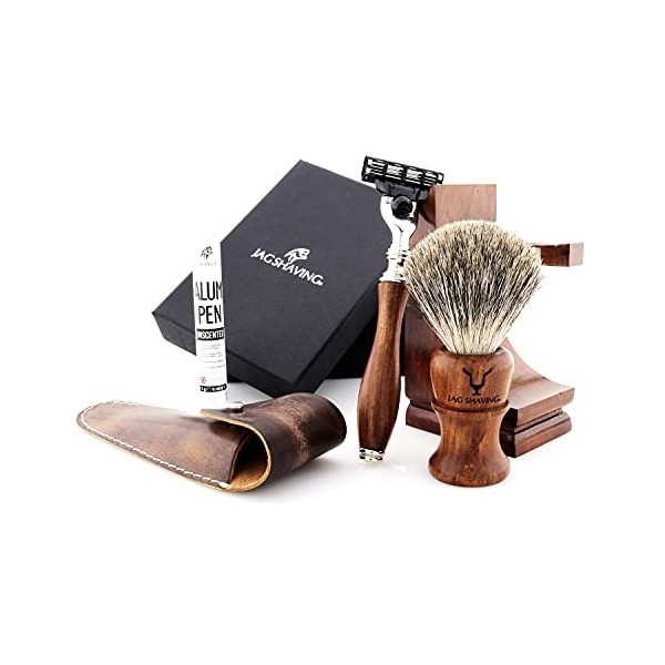 Jag Shaving Kit de rasage durable 3 pièces en bois, rasoir à 3 tranchants, blaireau de rasage super blaireau de rasage élégan