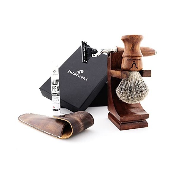 Jag Shaving Kit de rasage durable 3 pièces en bois, rasoir à 3 tranchants, blaireau de rasage super blaireau de rasage élégan