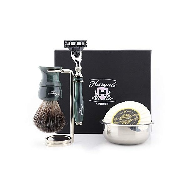 Haryali London Ensemble de rasage 5 pièces pour homme avec rasoir à 3 bords, brosse à raser, support, savon et bol pour homme