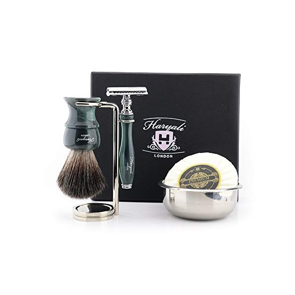 Haryali London Kit de rasage double bord pour homme avec poils synthétiques de blaireau brosse, support, bol et savon Cadeau 