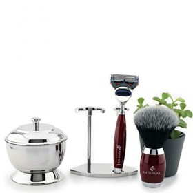 Blaireau à poils synthétiques noirs et rasoir à cinq bords avec support en acier + bol 4 pièces