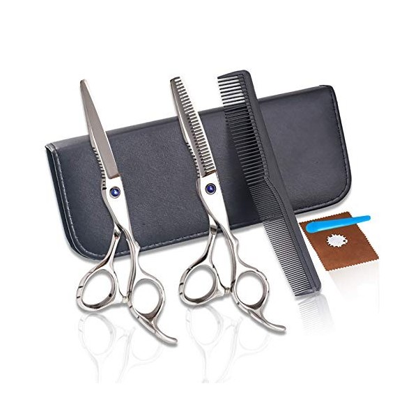 RIJPEX Kit de ciseaux de coupe de cheveux 6,0 pouces Argent Coiffure et coiffure Ciseaux à oiseaux Coupe plate Ciseaux à fran