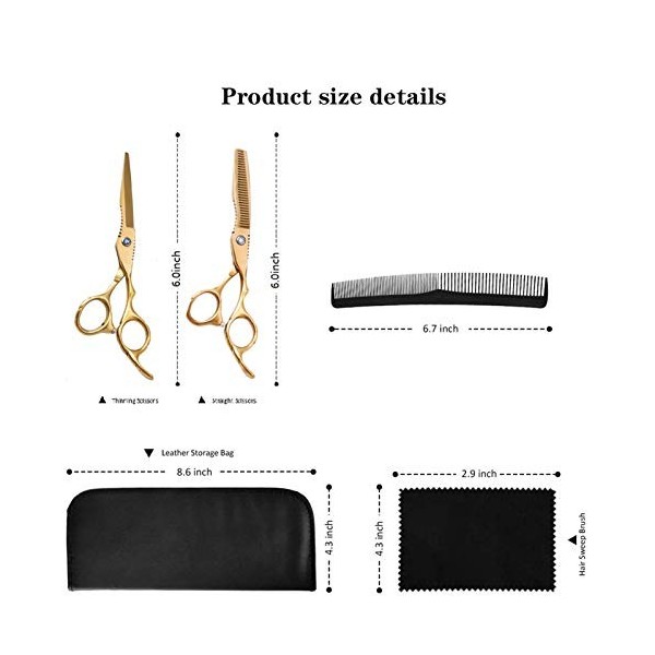 RIJPEX Kit de Ciseaux de Coupe de Cheveux 7,0 Pouces Or Professionnel en Acier Inoxydable Ciseaux de Coiffure Ensemble Aminci