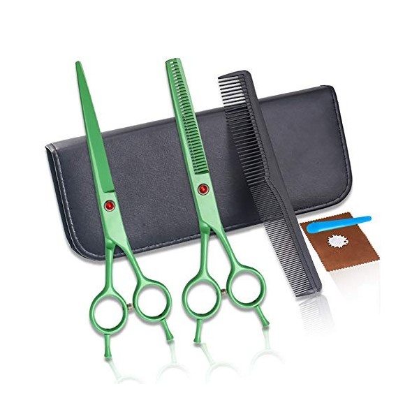 RIJPEX Kit de ciseaux de coupe de cheveux 7,0 pouces vert coupe plate ciseaux à dents coupe de cheveux ciseaux de coiffure ci