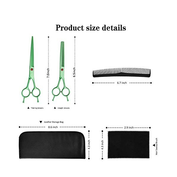 RIJPEX Kit de ciseaux de coupe de cheveux 7,0 pouces vert coupe plate ciseaux à dents coupe de cheveux ciseaux de coiffure ci