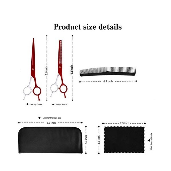Kit de ciseaux de coupe de cheveux 7,0 pouces Ciseaux blancs et rouges Coupe de cheveux Ciseaux de coiffure Ciseaux à frange 