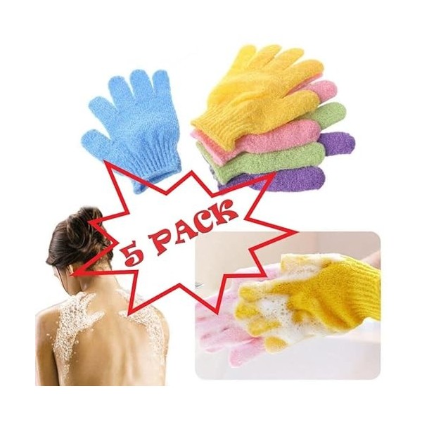 Lot de 5 gants de douche, gants de bain, gants de douche, gommage du dos, massage exfoliant du corps