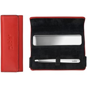 Rubis Pince à épiler - Pince à épiler à sourcils oblique en cuir rouge avec sac à main miroir pour les déplacements - Pointe 