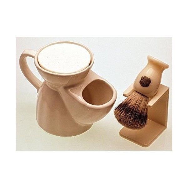 White Pottery Shaving Mug, 660S Super Badger Shaving Brush & dripstand by Progress Vulfix