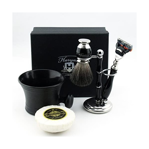 Haryali London Kit de rasage pour homme avec rasoir à 5 lames avec blaireau en poils de blaireau noirs, support, savon et tas