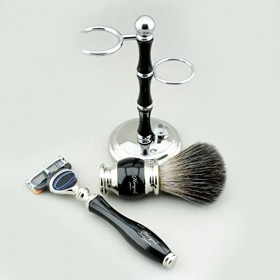 Haryali London Kit de rasage pour homme avec rasoir à 5 lames avec blaireau en poils de blaireau noirs, support, savon et tas