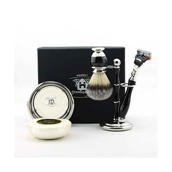 Haryali London Kit de rasage 5 pièces pour homme Rasoir 5 lames avec blaireau en poils de blaireau synthétiques, support bol 