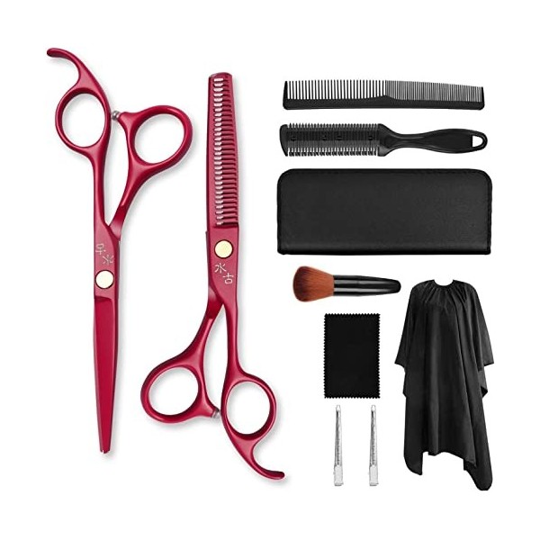 Kit de ciseaux de coupe de cheveux rouge 5.5 pouces ciseaux à dents à coupe plate ciseaux de coiffure peints poignée droite c