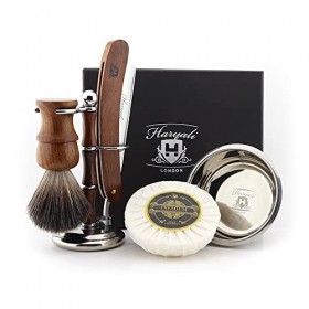 Kit de rasage classique pour homme - Kit de rasage pour homme - Rasoir en poils de blaireau synthétiques noirs - Support de r