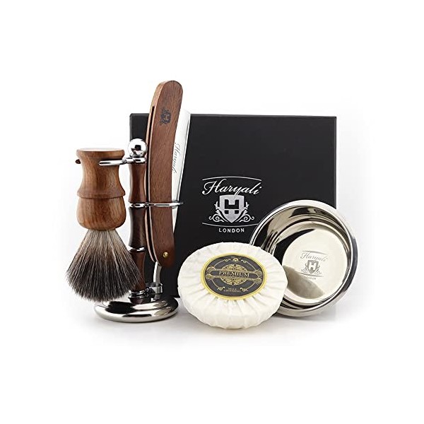 Kit de rasage classique pour homme - Kit de rasage pour homme - Rasoir en poils de blaireau synthétiques noirs - Support de r