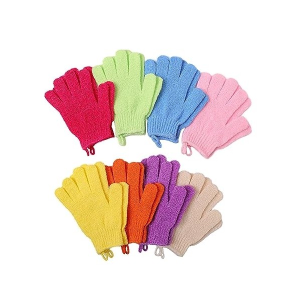 Cleedy Lot de 8 paires de gants de bain exfoliants avec boucles de suspension pour la douche - Gants exfoliants pour le corps