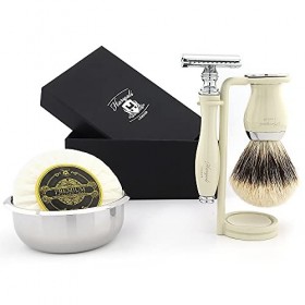 Classic Men Kit de rasage pour homme – Rasoir de sécurité à double tranchant avec blaireau en résine avec support en acier in