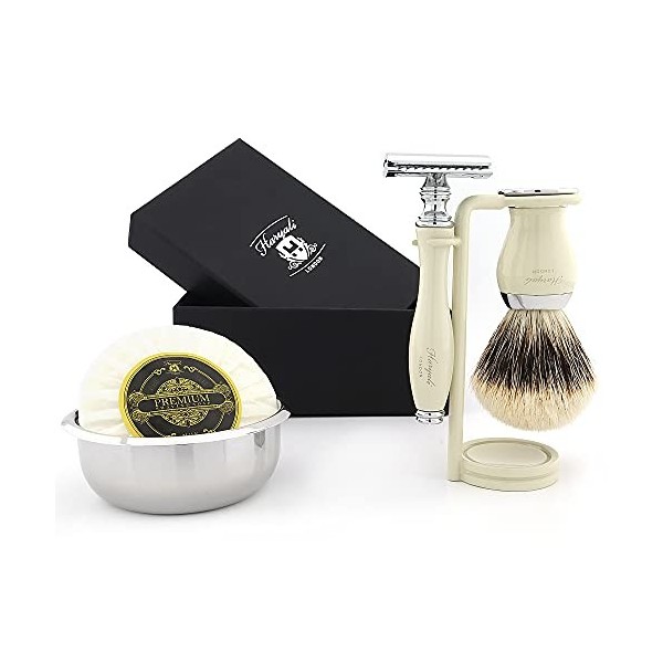 Classic Men Kit de rasage pour homme – Rasoir de sécurité à double tranchant avec blaireau en résine avec support en acier in