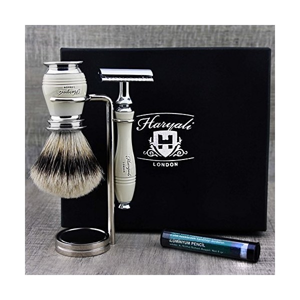 Haryali London Kit de rasage pour homme couleur ivoire avec rasoir de sécurité à double tranchant, blaireau à poils argentés 