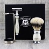 Haryali London Kit de rasage pour homme couleur ivoire avec rasoir de sécurité à double tranchant, blaireau à poils argentés 