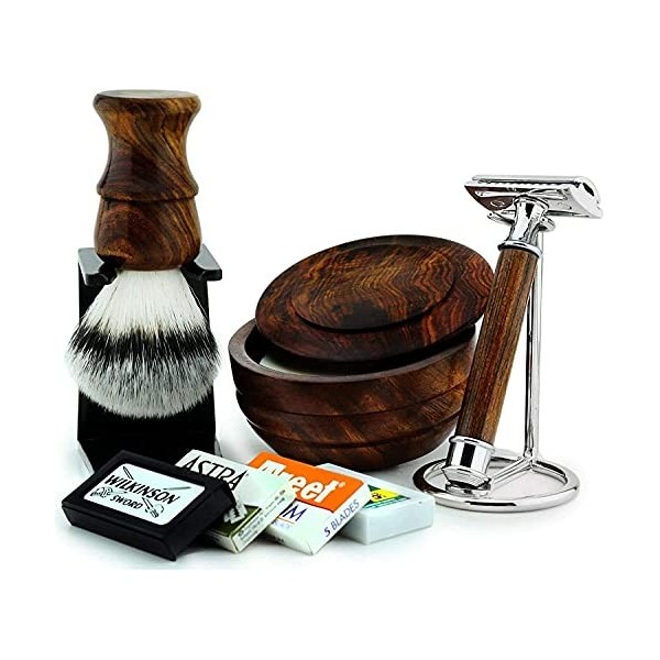 Kit cadeau de rasage 7 pièces en bois pour homme - Rasoir de sécurité, blaireau synthétique avec manche en bois léger et bol 