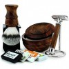 Kit cadeau de rasage 7 pièces en bois pour homme - Rasoir de sécurité, blaireau synthétique avec manche en bois léger et bol 