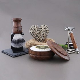 Kit cadeau de rasage 7 pièces en bois pour homme - Rasoir de sécurité, blaireau synthétique avec manche en bois léger et bol 