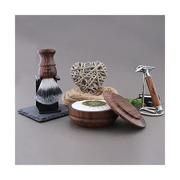 Kit cadeau de rasage 7 pièces en bois pour homme - Rasoir de sécurité, blaireau synthétique avec manche en bois léger et bol 