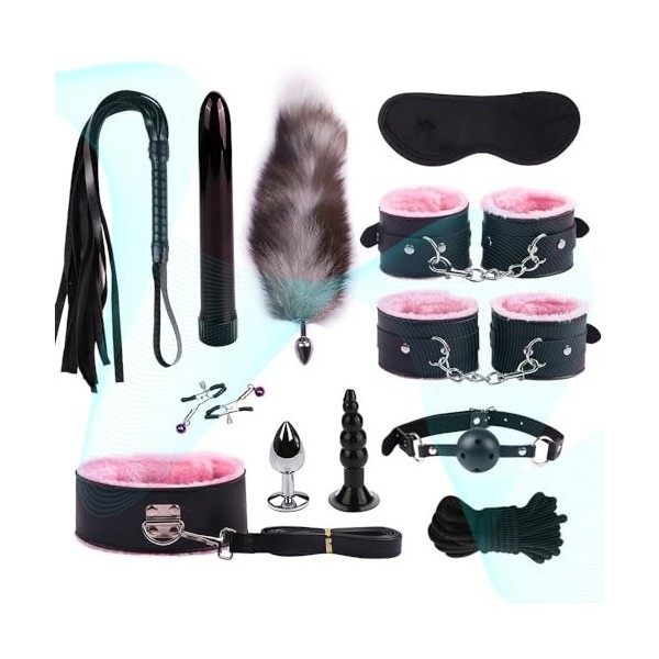 12 Pièces/Set Yoga Bõndage Kit, Fox Tail Cosplay Biňdíng Toys for Couples, Pink